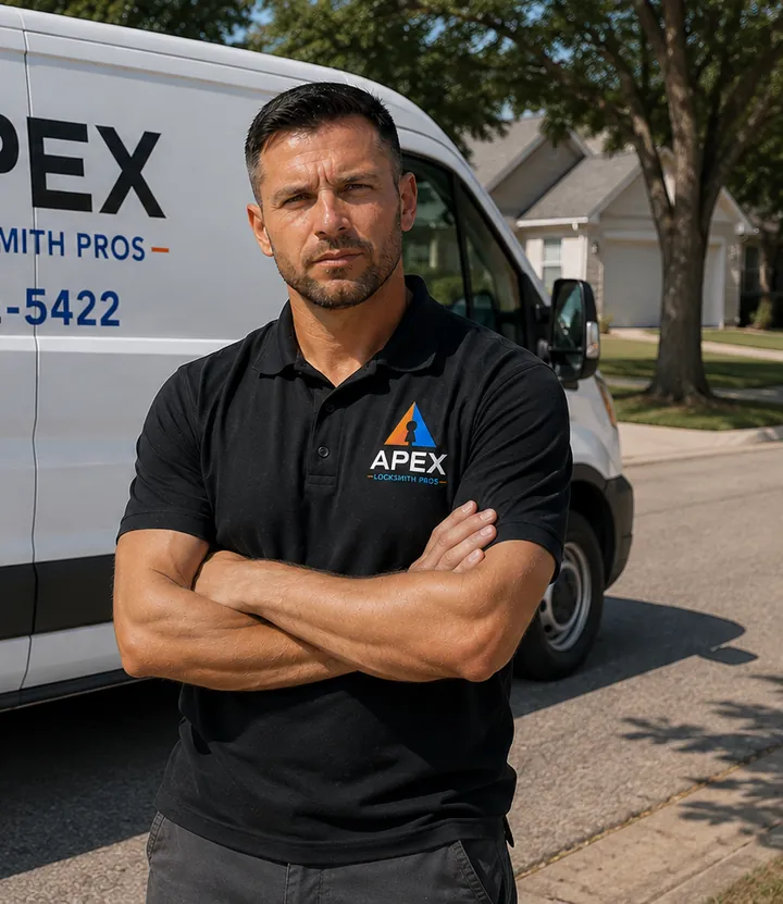 Illustration of an Apex Locksmith Pros technician beside the company service van