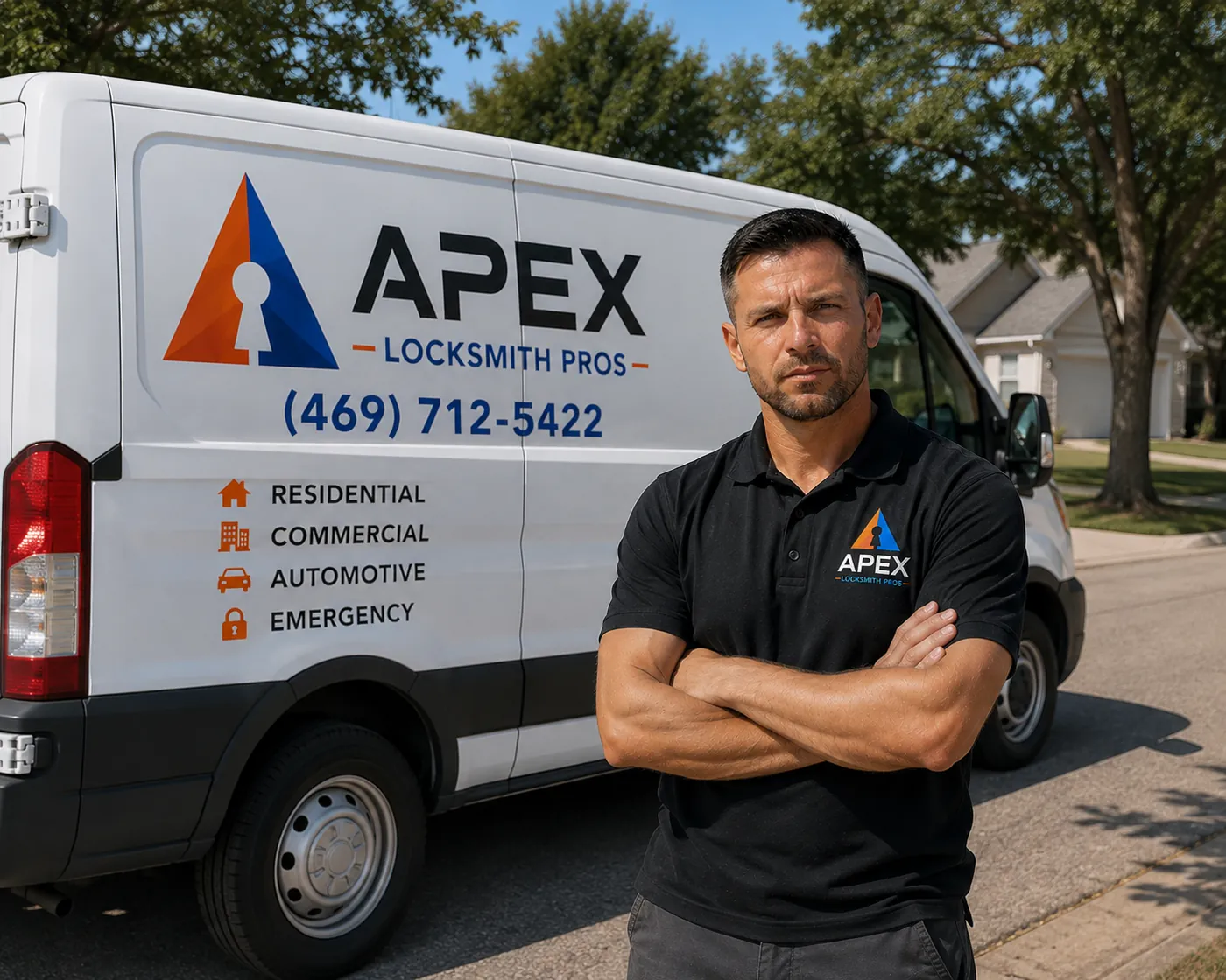 Illustration of an Apex Locksmith Pros technician beside the company service van